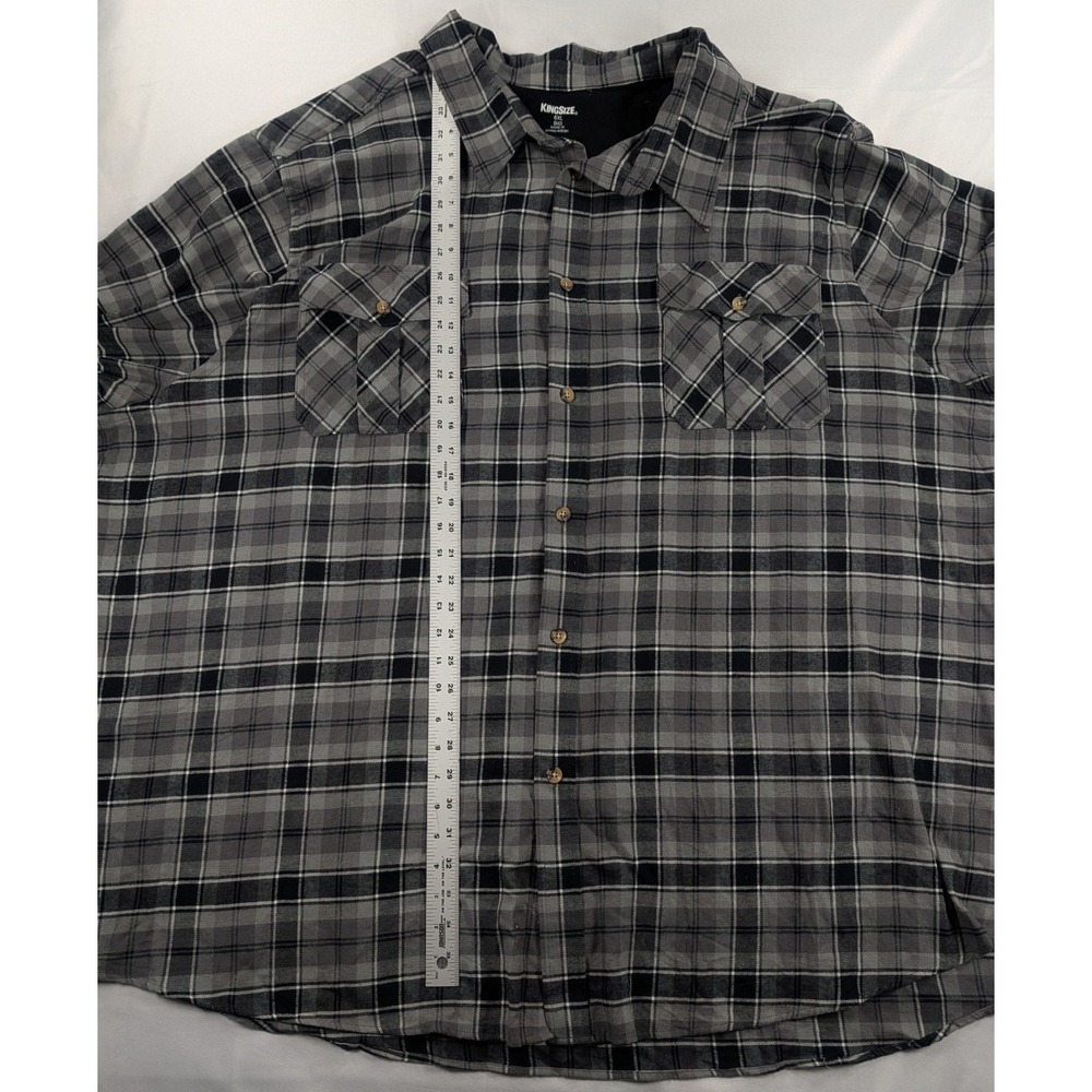 KingSize Mens 6XL Long Sleeve Flannel Shirt Grey Black Plaid Button Down Pocket - Picture 5 of 10